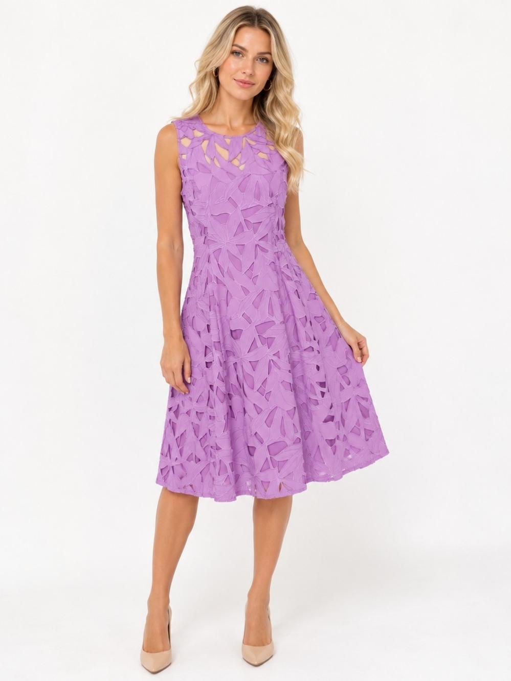 Carlisle Lavender Sleeveless Midi Dress with Geometric Lace
